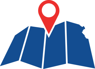 Graphic of unfolded map and location icon