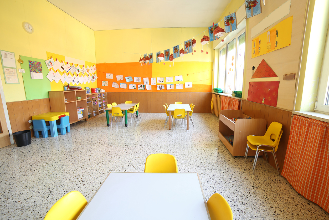 classroom of a daycare center. board and staff